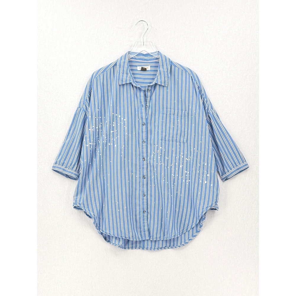 PILCRO The Bo Boyfriend Buttondown Women M L Blue Striped Paint Splatter Shirt - Picture 5 of 16